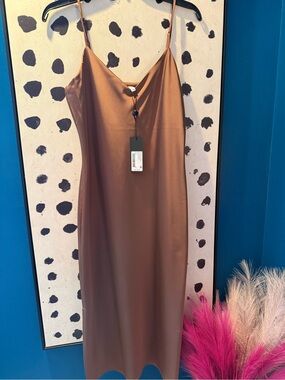Slip Midi Dress in Brown - Sleek V-Neck Spaghetti Strap
